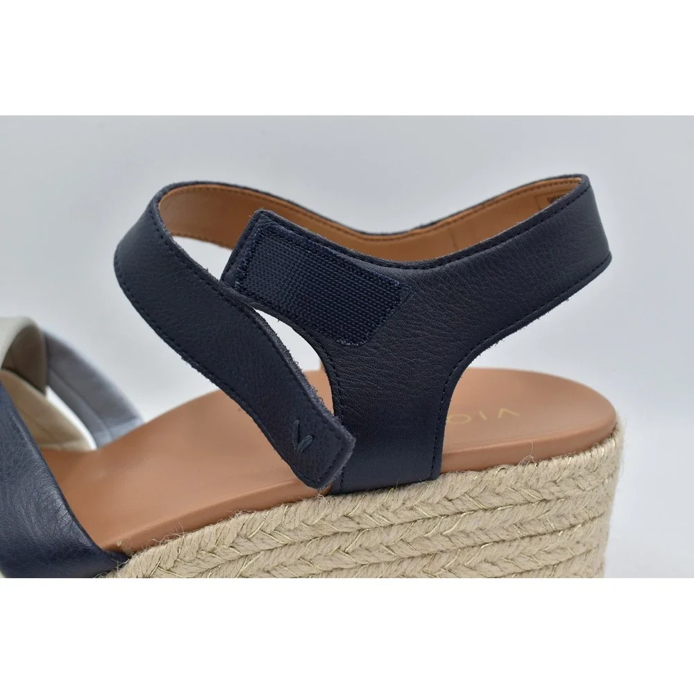 Vionic Women Size 11 Saratoga Navy Multi Leather Wedge Espadrille Sandals Shoes
